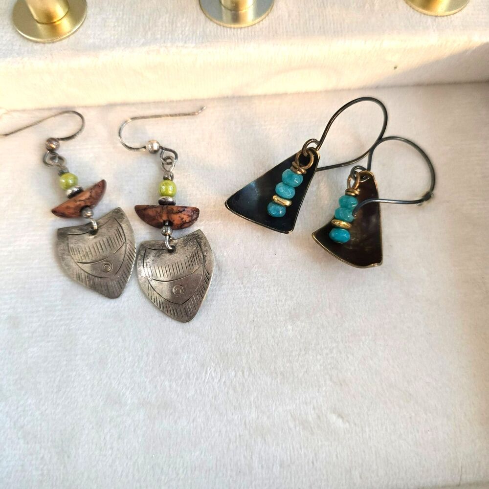 2 Pair of Metal and Stone Boho Artisan Dangle Earrings